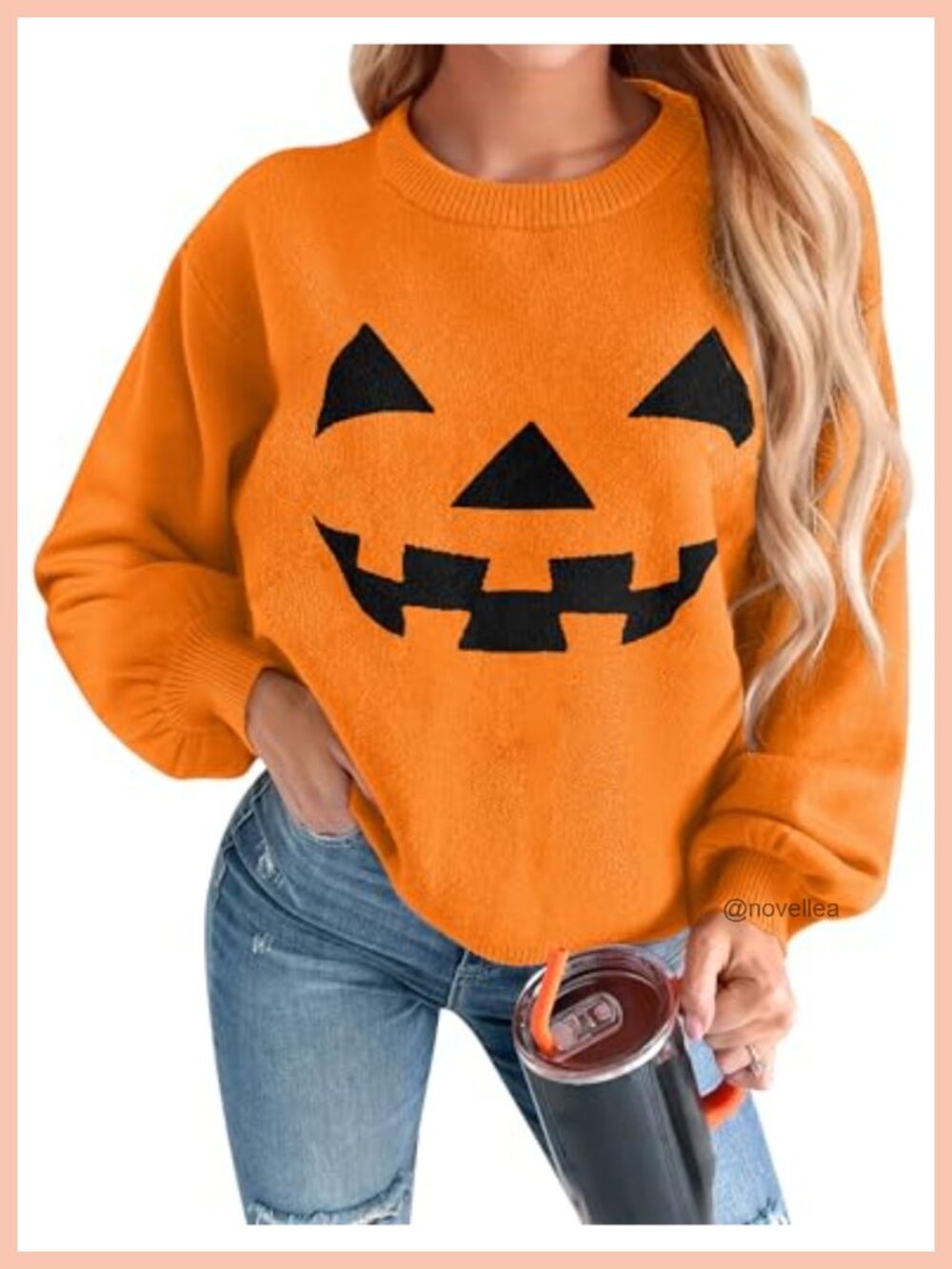 Halloween Crew Neck Lantern Sleeve Knit Sweater Loose Fit Jack-O'-Lantern